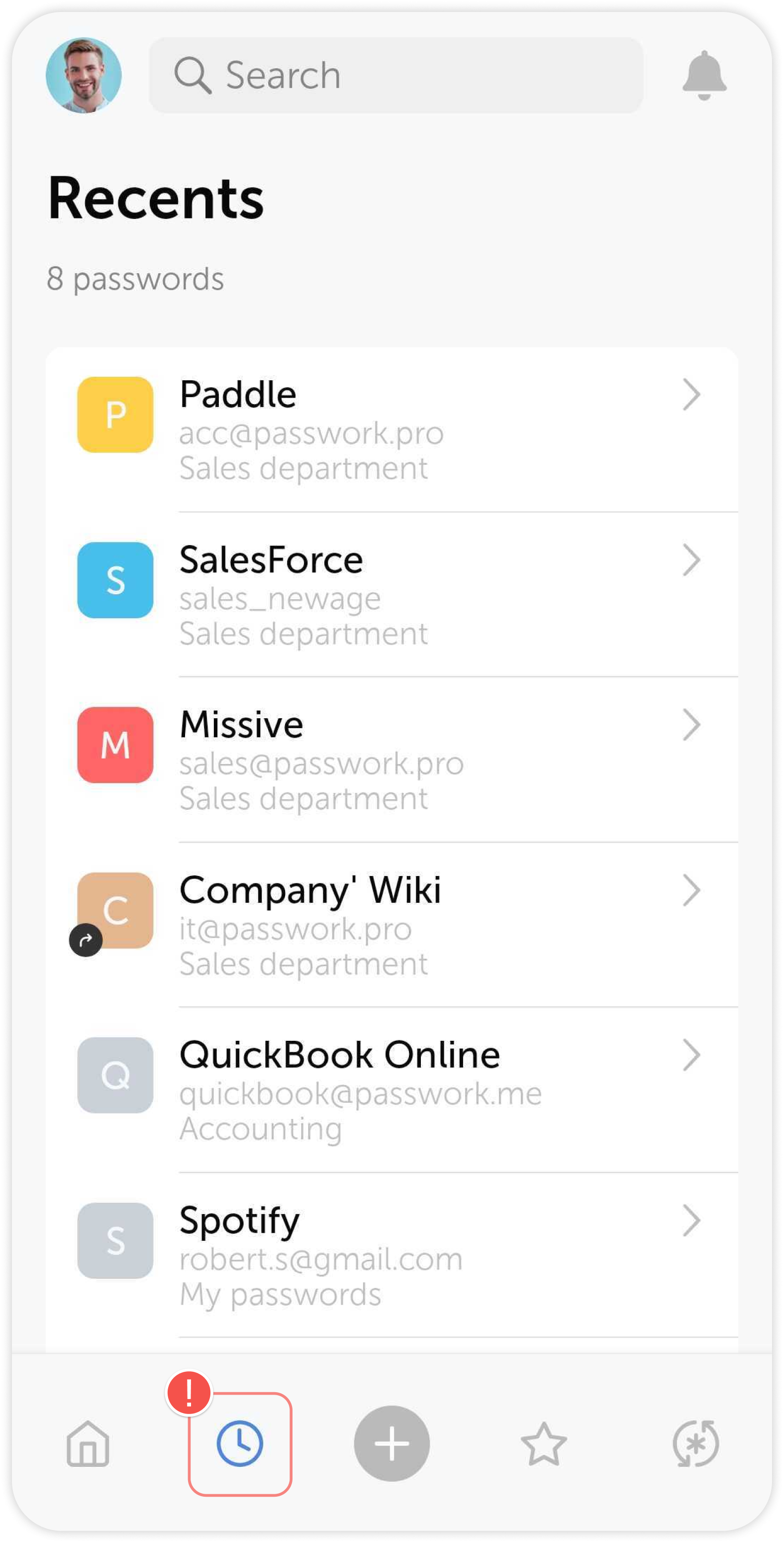 Recents screen showing recently used passwords